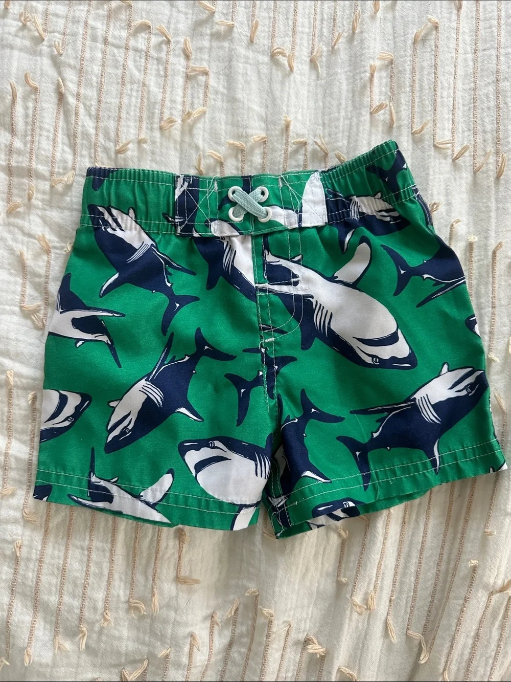 Circo Green Shark Print Swim Shorts with Navy and White Sharks